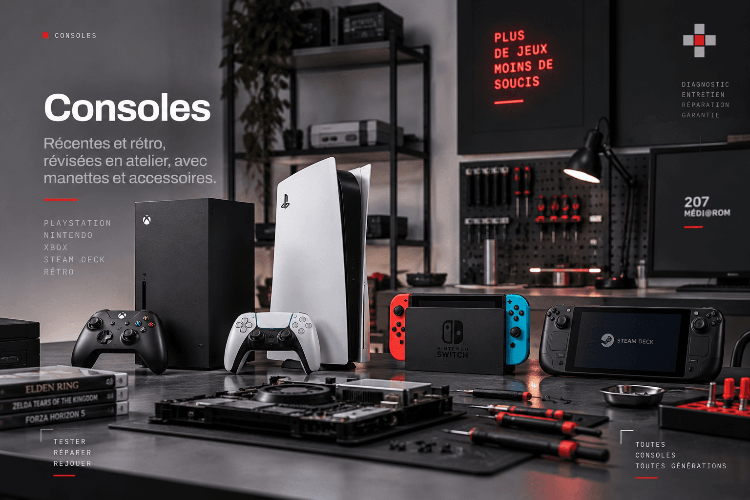 Xbox Series X, PlayStation 5, Nintendo Switch et Steam Deck alignées sur l'établi