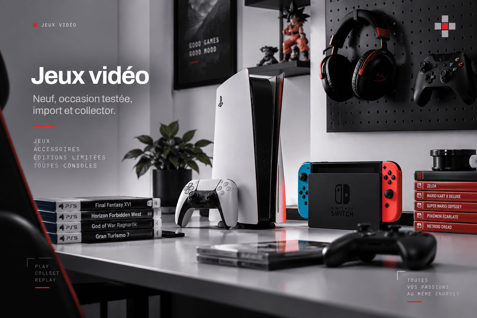 Boîtiers de jeux PS5 et Nintendo Switch empilés devant une PlayStation 5 et une Switch
